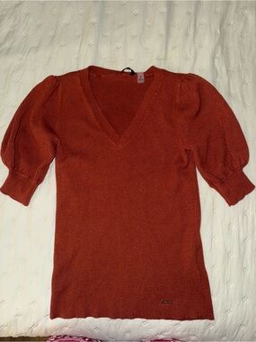 Tahari Rust Orange V-Neck Puff Sleeve Sweater